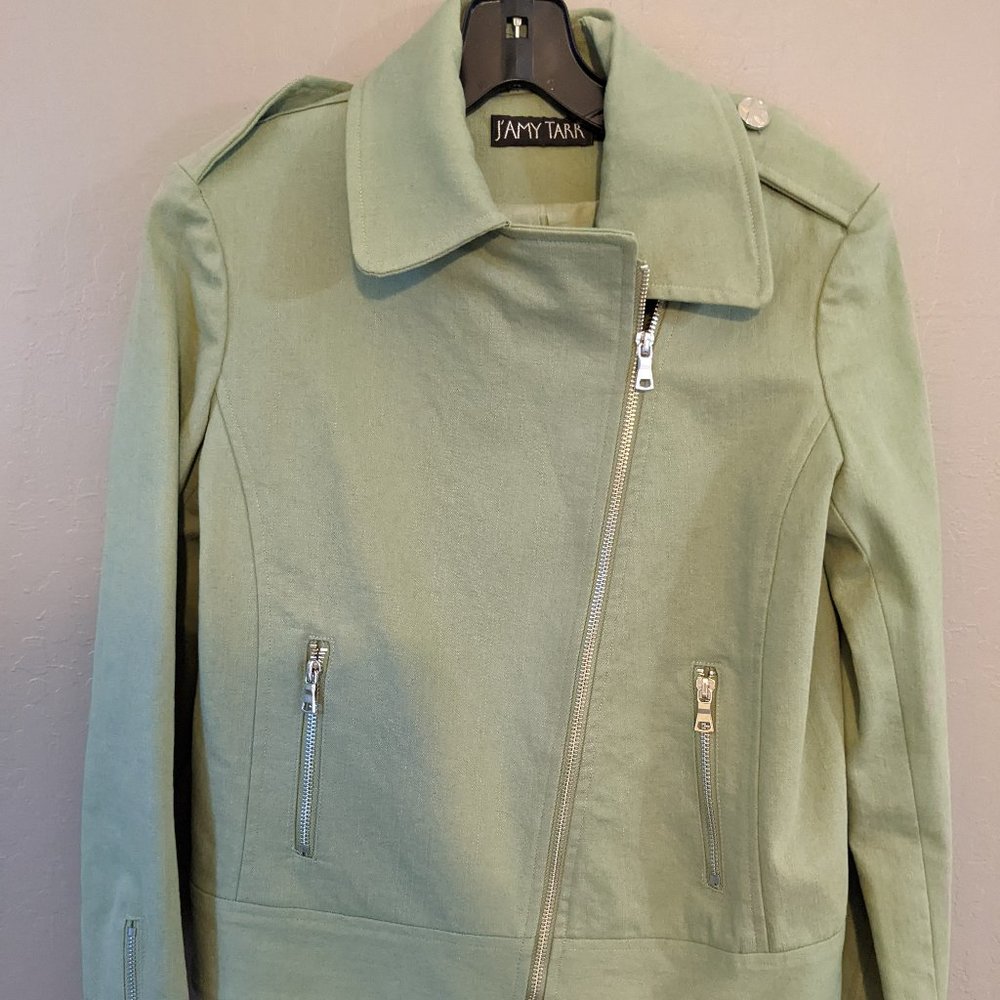 J'Amy Tarr olive canvas moto jacket, silver hardware, fully lined